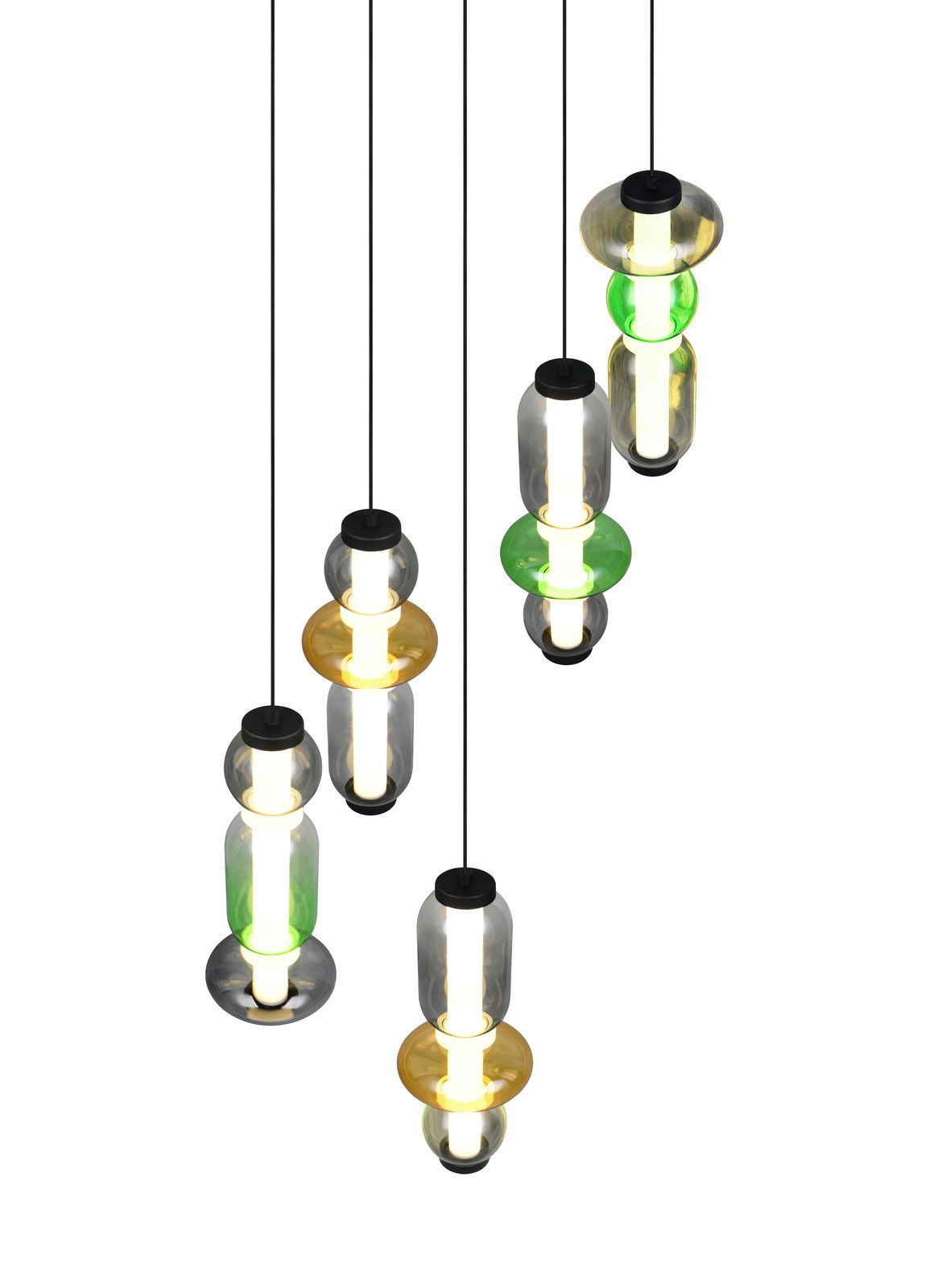 Trio Leuchten Pendelleuchte MINERVA Moderne Pendelleuchte mit mehreren farbigen Glaselementen in Grün und Gelb, aus der Vogelperspektive betrachtet.