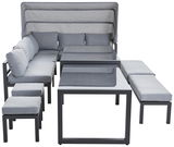 Graues Dining-Lounge-Set mit Ecksofa, Tisch und Hockern, Vorderansicht