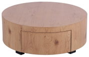 Runder Couchtisch aus Holz mit natürlicher Maserung, Ansicht von vorne.