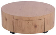 Runder Couchtisch aus Holz mit natürlicher Maserung, Ansicht von vorne.