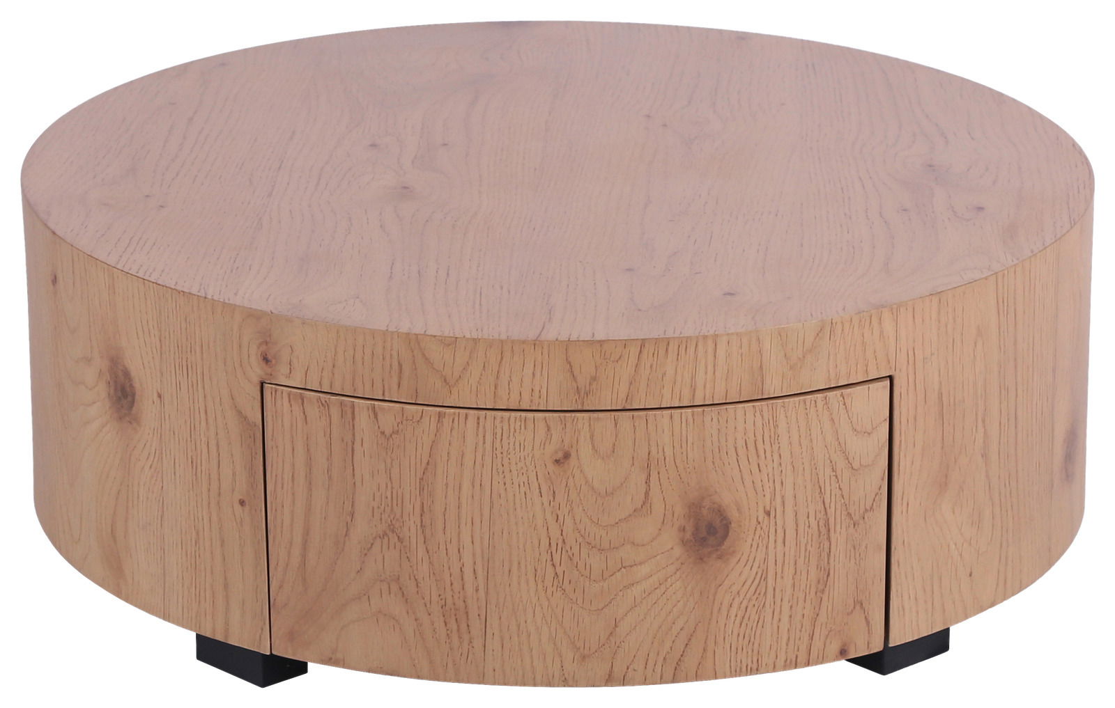 Runder Couchtisch aus Holz mit natürlicher Maserung, Ansicht von vorne.