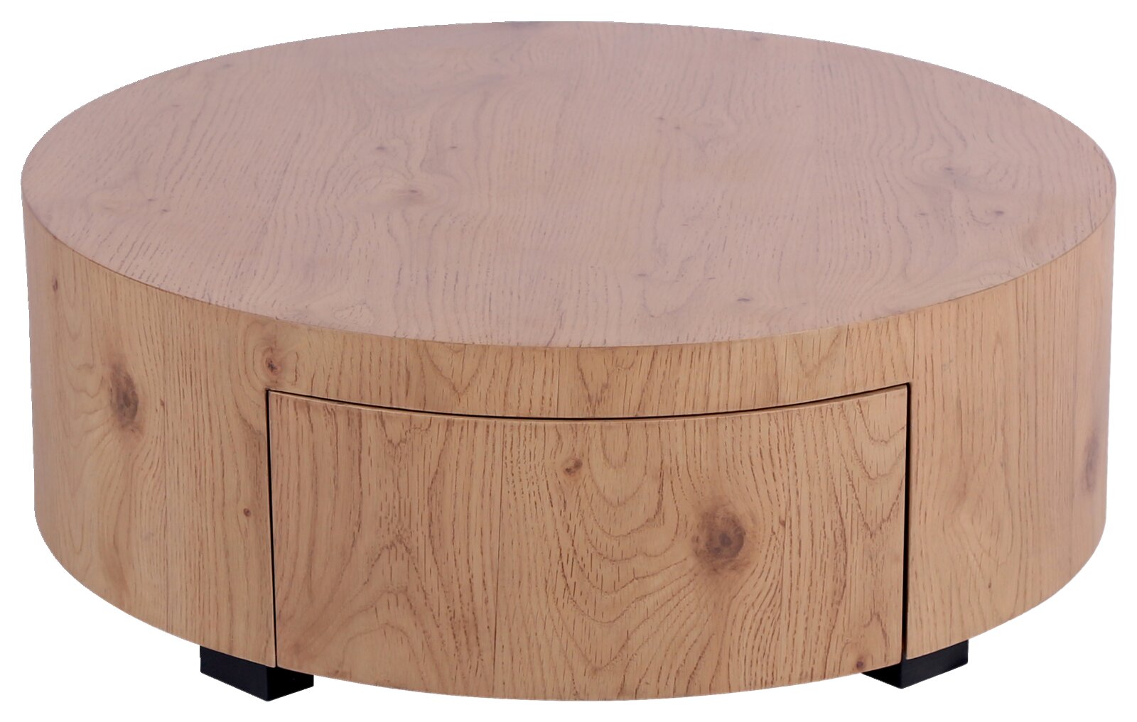Ronde houten salontafel met natuurlijke nerf, gezien van voren.