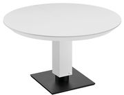 Runder weißer Esstisch mit zentralem Standfuß, seitliche Perspektive
