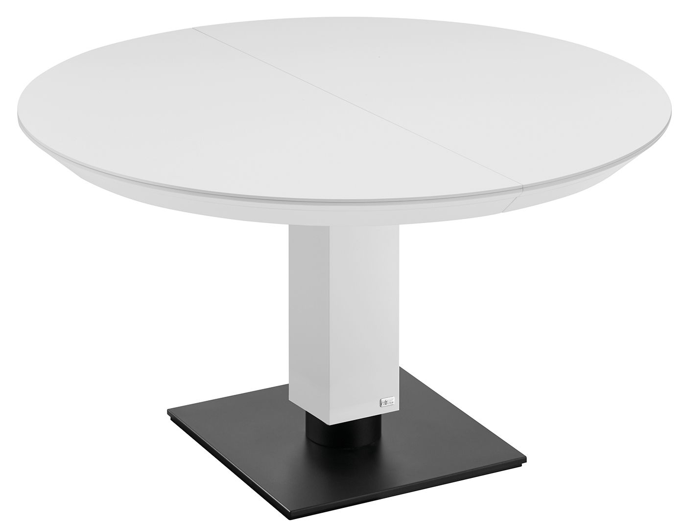 Runder weißer Esstisch mit zentralem Standfuß, seitliche Perspektive