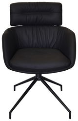 Schwarzer Armlehnstuhl mit gepolsterter Rückenlehne und modernem Metallgestell, Frontalansicht.