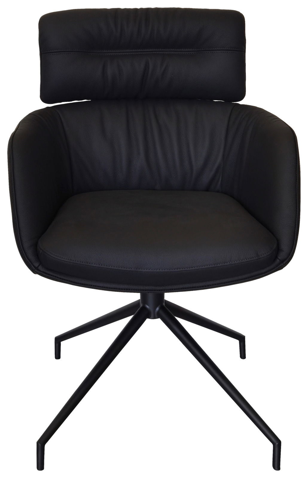 Schwarzer Armlehnstuhl mit gepolsterter Rückenlehne und modernem Metallgestell, Frontalansicht.