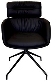 Schwarzer Armlehnstuhl mit gepolsterter Rückenlehne und modernem Metallgestell, Frontalansicht.