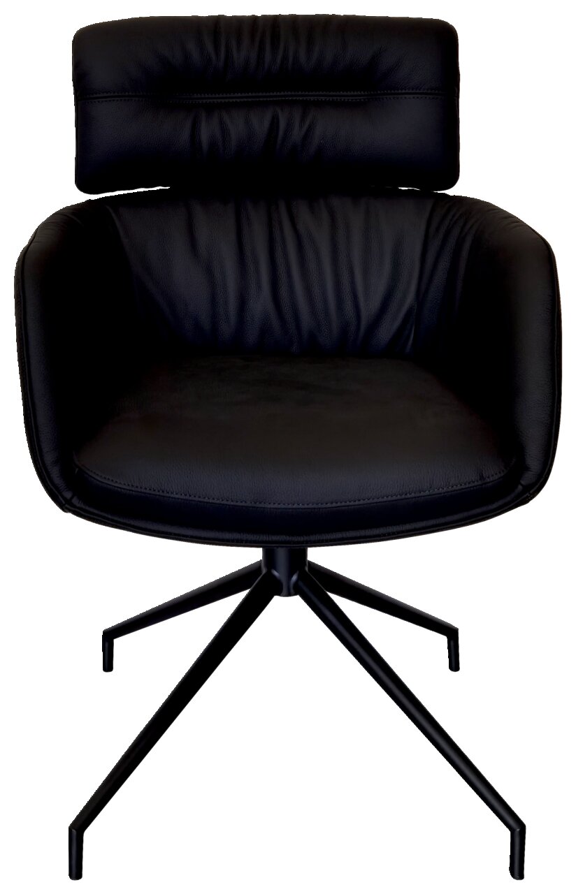 Schwarzer Armlehnstuhl mit gepolsterter Rückenlehne und modernem Metallgestell, Frontalansicht.