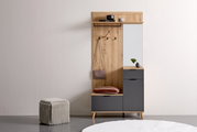Kompaktgarderobe aus Holz und dunklem Material mit Spiegel, Haken, Regal und Sitzbank, seitliche Perspektive