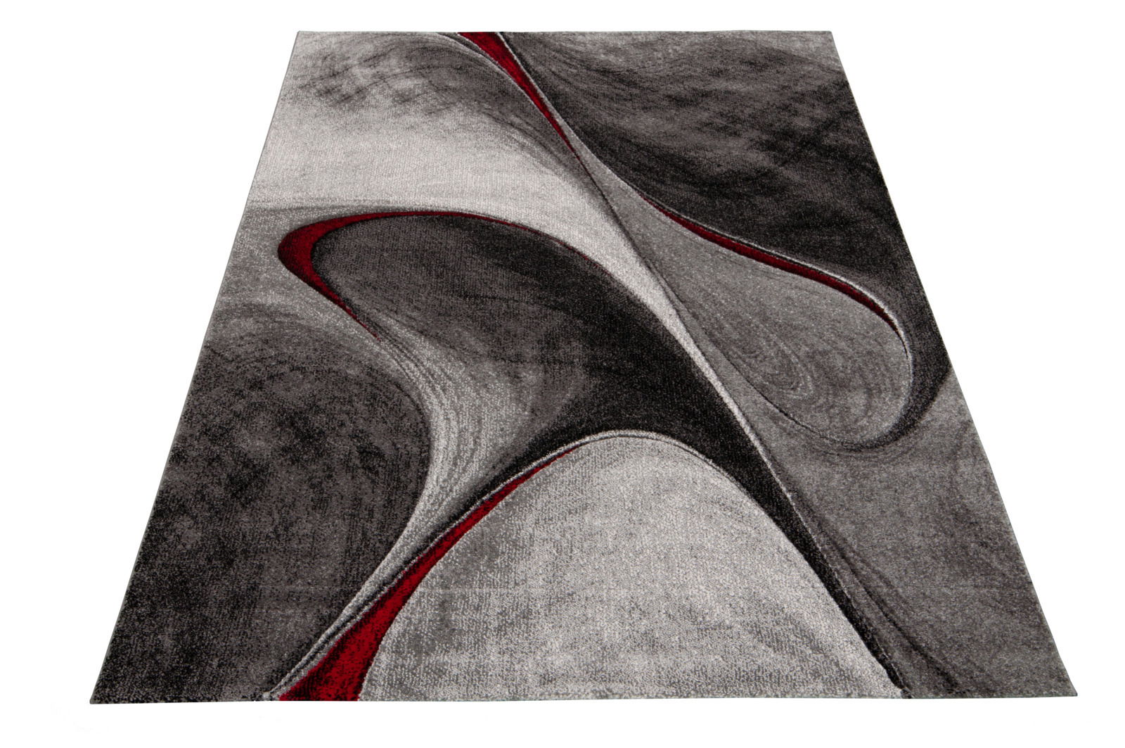 Merinos Teppich PHÖNIX Moderner Teppich in Grautönen mit roten Akzenten, abstraktes Design, perspektivisch von vorne fotografiert.