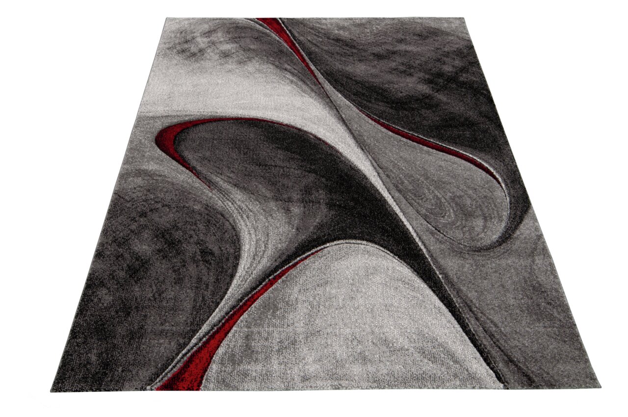 Merinos Teppich PHÖNIX Moderner Teppich in Grautönen mit roten Akzenten, abstraktes Design, perspektivisch von vorne fotografiert.