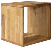 Holzregal 1x1 in Würfelform, aus hellem Holz mit sichtbarer Maserung, seitliche Perspektive