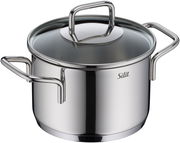 Edelstahl-Kochtopf mit Glasdeckel und zwei Griffen, seitliche Perspektive