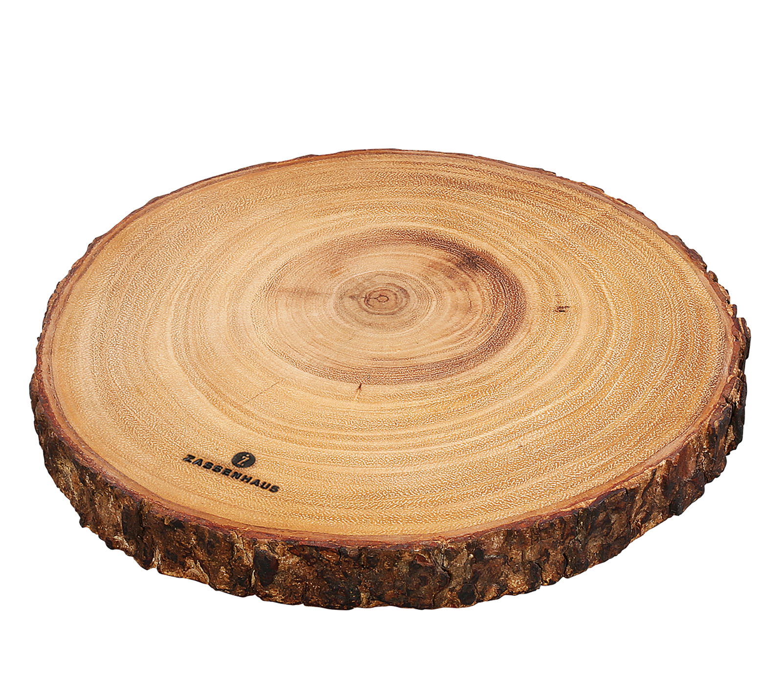 Runde Servierplatte aus Holz mit natürlicher Baumrindenkante, aus der Vogelperspektive fotografiert.