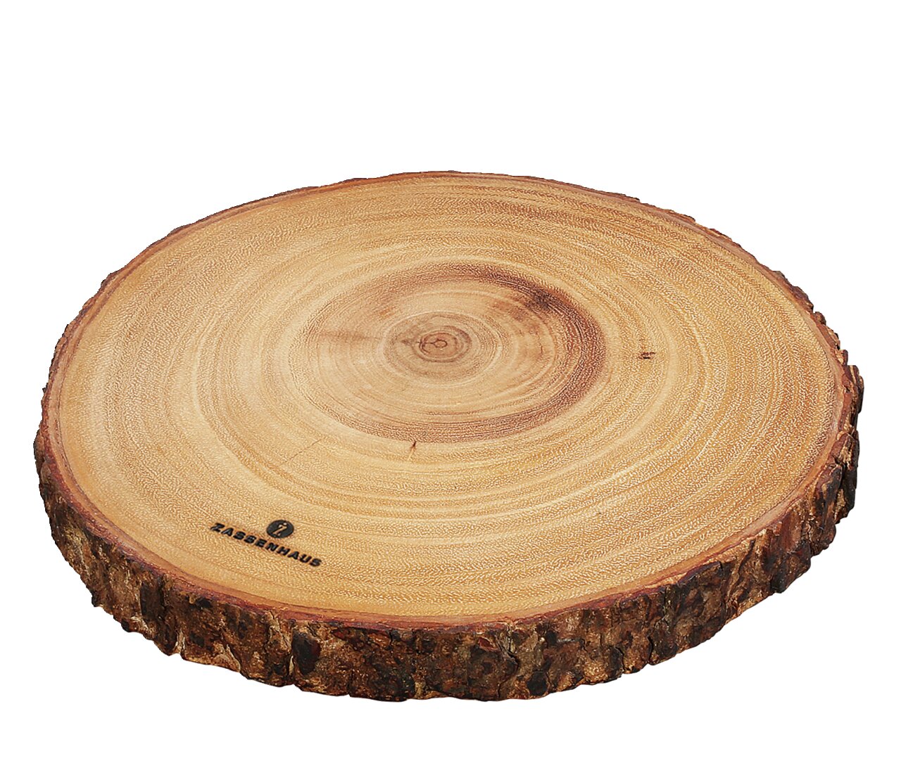 Runde Servierplatte aus Holz mit natürlicher Baumrindenkante, aus der Vogelperspektive fotografiert.