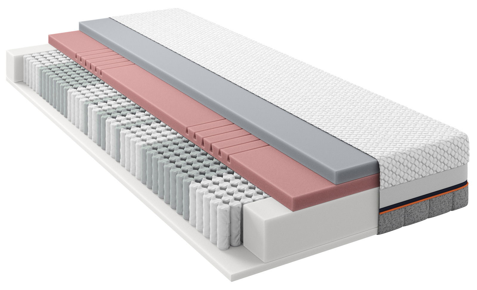 Schlaraffia TTFK-matratze H5 PULSE 240 TFK Querschnitt einer TTFK-Matratze mit verschiedenen Schichten aus Schaumstoff und Taschenfedern, seitliche Perspektive.
