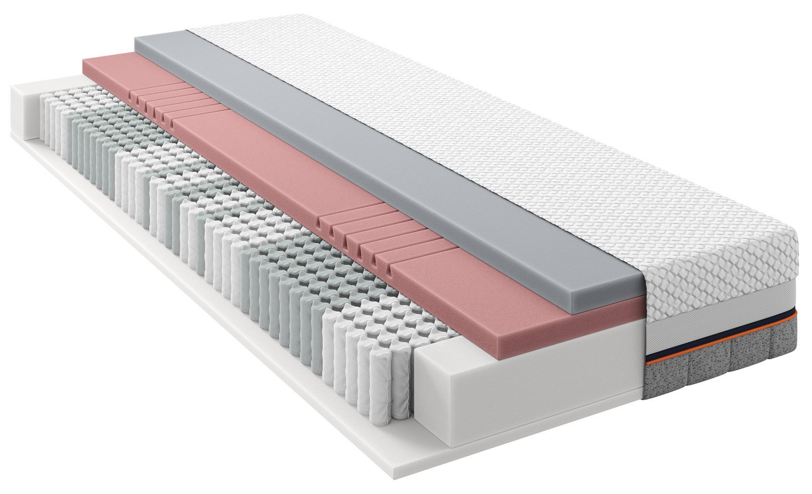 Schlaraffia TTFK-matratze H5 PULSE 240 TFK Querschnitt einer TTFK-Matratze mit verschiedenen Schichten aus Schaumstoff und Taschenfedern, seitliche Perspektive.