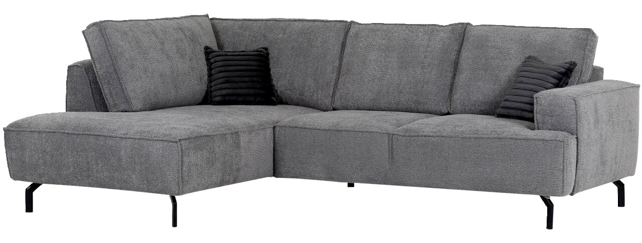 Graues Ecksofa mit Ottomane links, zwei schwarzen Kissen, Ansicht von vorne.
