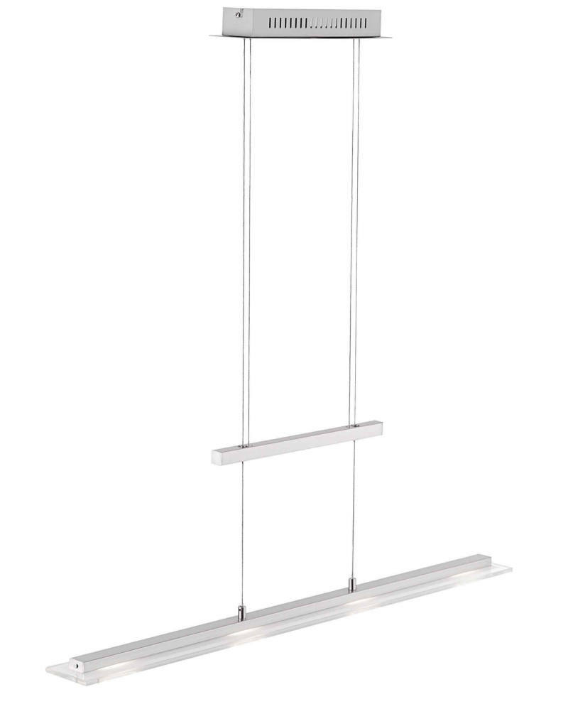 Moderne LED-Pendelleuchte in seitlicher Perspektive, mit schlankem, rechteckigem Design und verstellbaren Kabeln.