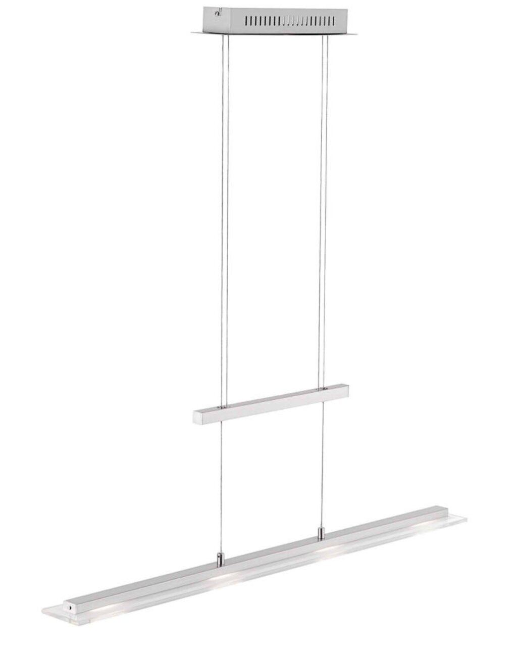 Moderne LED-Pendelleuchte in seitlicher Perspektive, mit schlankem, rechteckigem Design und verstellbaren Kabeln.