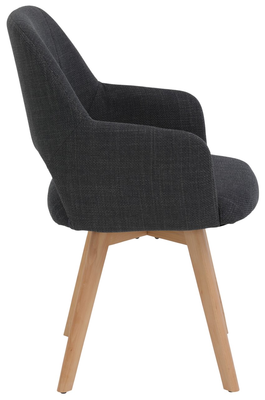 Donkergrijze, gestoffeerde fauteuil met stoffen bekleding en lichte houten poten, zijaanzicht (profiel) tegen een witte achtergrond