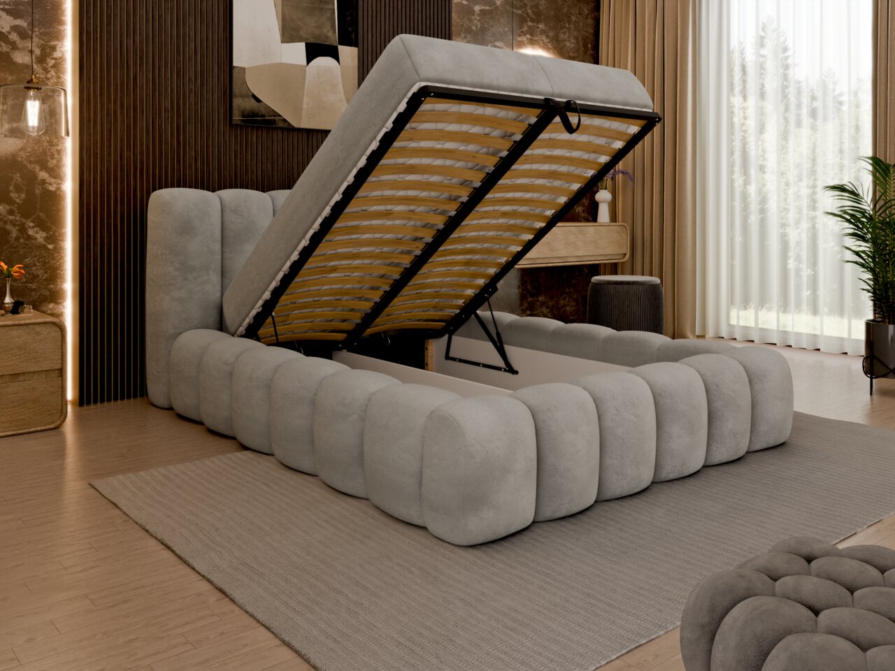 Polsterbett mit hochgeklappter Matratze, seitliche Perspektive, modernes Design in einem stilvollen Schlafzimmer.