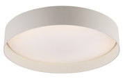 Runde, flache LED-Deckenleuchte in Weiß mit breitem zylindrischem Rand und opalem Diffusor, frontale Ansicht leicht von unten