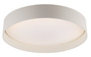 Runde, flache LED-Deckenleuchte in Weiß mit breitem zylindrischem Rand und opalem Diffusor, frontale Ansicht leicht von unten