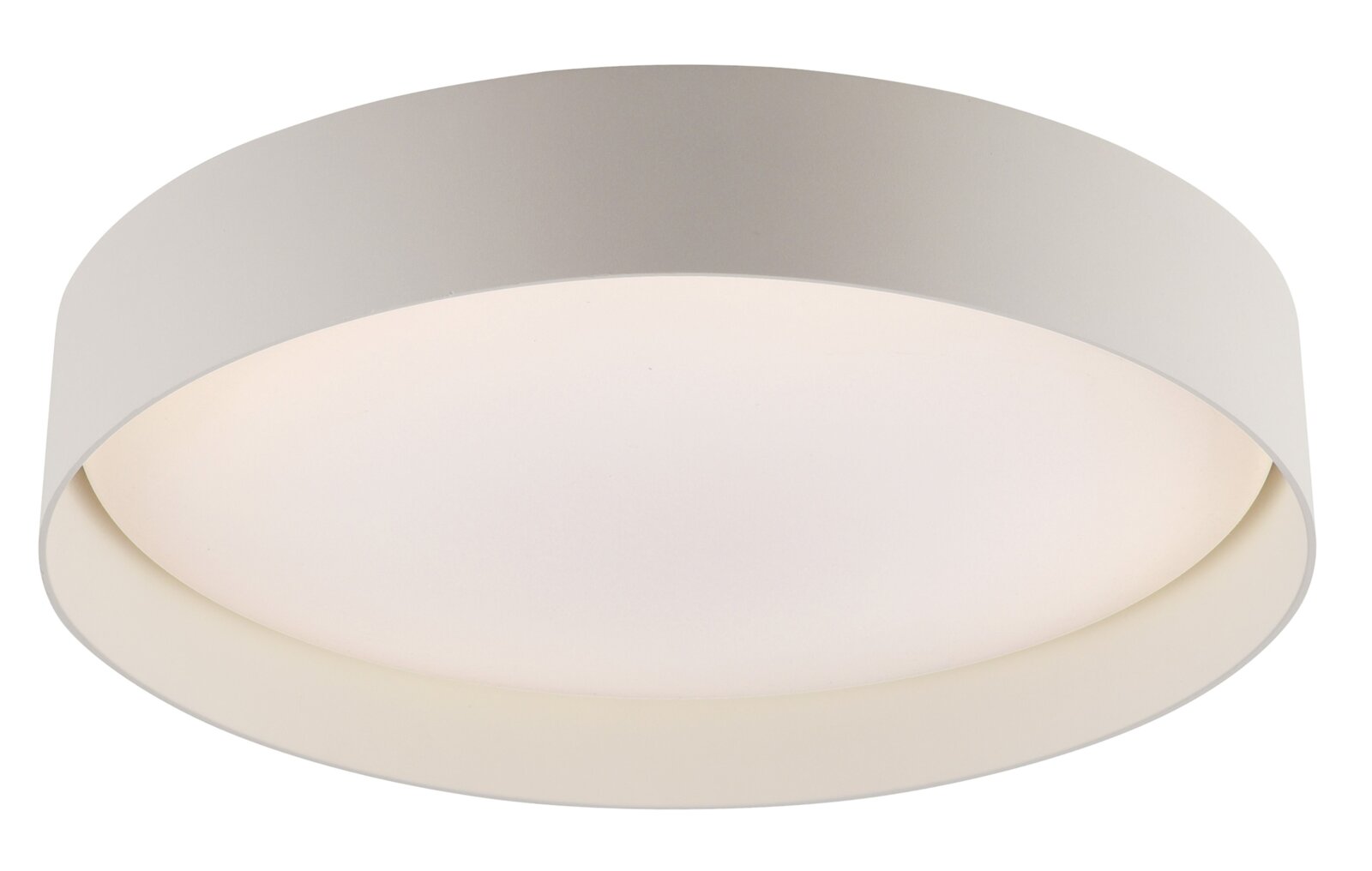Runde, flache LED-Deckenleuchte in Weiß mit breitem zylindrischem Rand und opalem Diffusor, frontale Ansicht leicht von unten