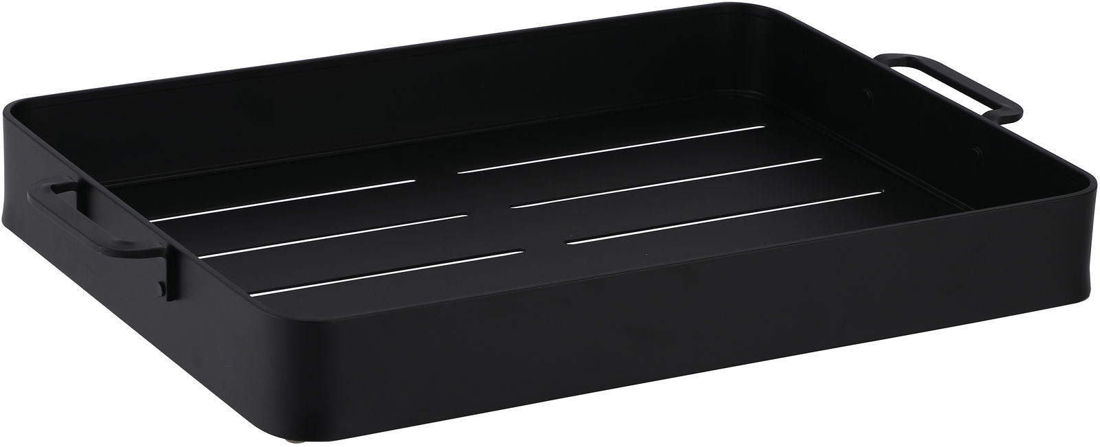 Schwarzes Tablett mit Griffen, seitliche Perspektive