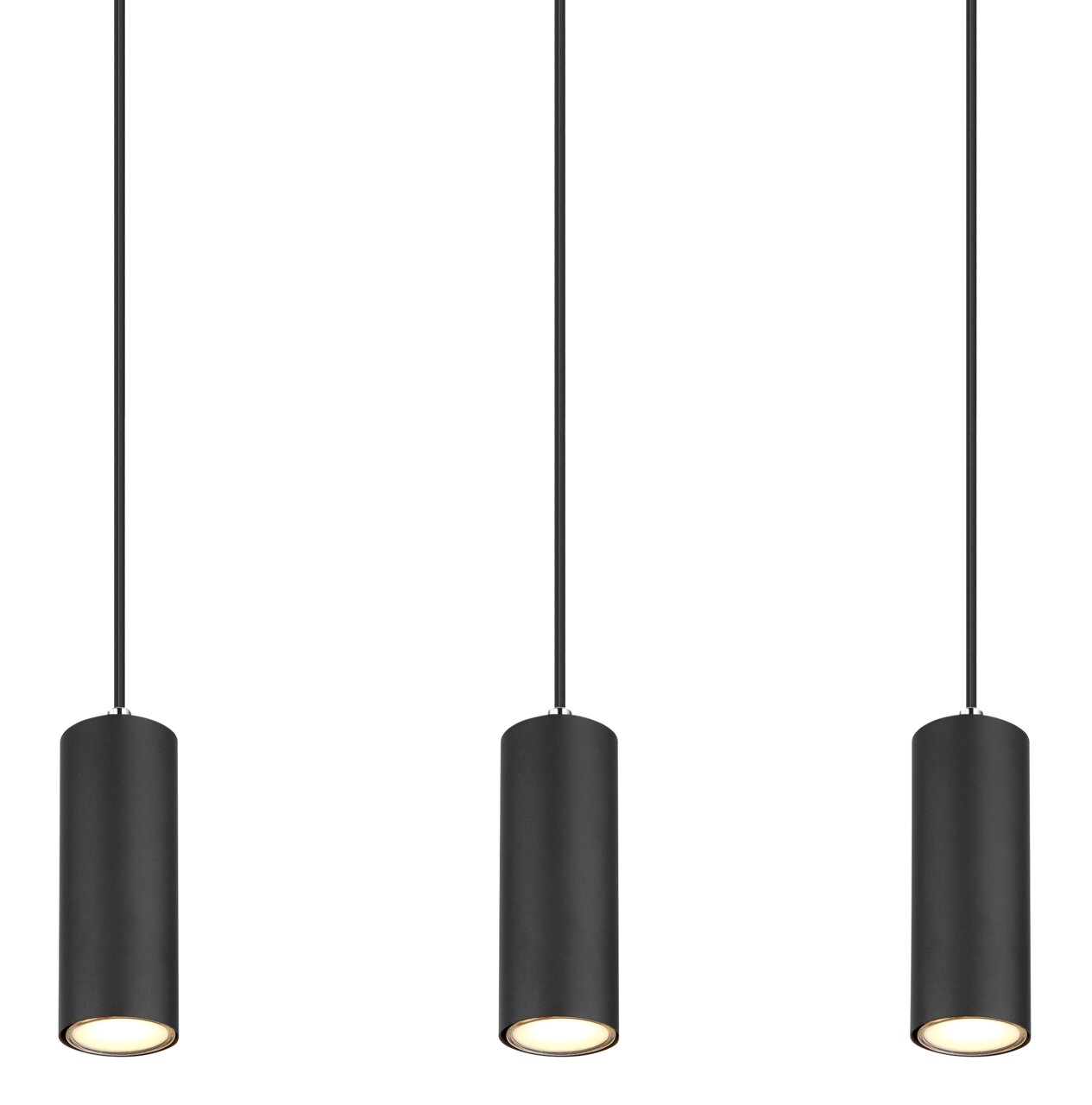 Globo Lighting Hängeleuchte ROBBY Drei moderne, schwarze Hängeleuchten in zylindrischer Form, von der Seite betrachtet.