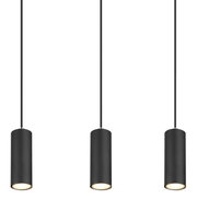 Drei moderne, schwarze Hängeleuchten in zylindrischer Form, von der Seite betrachtet.
