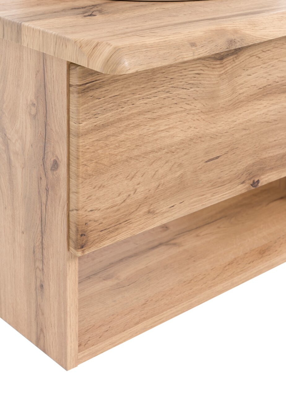 Nahaufnahme eines Waschtisch-Sets aus Holz mit natürlicher Maserung, seitliche Perspektive