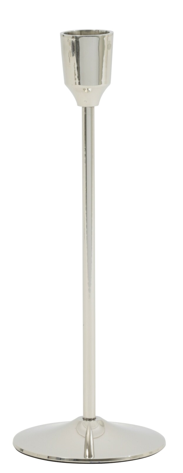 Eleganter silberner Kerzenständer aus Metall, frontal abgebildet.