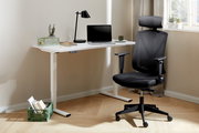 Moderner E-Schreibtisch mit weißer Tischplatte und höhenverstellbaren Beinen, ausgestattet mit einem Laptop, einer Lampe und Pflanzen, aus seitlicher Perspektive fotografiert.