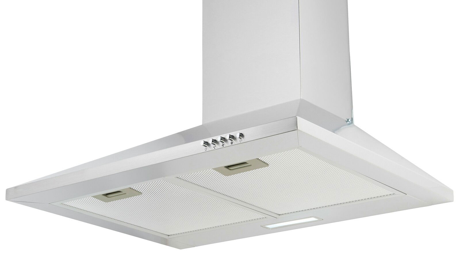 Moderne Edelstahl-Dunstabzugshaube aus der Froschperspektive, mit Bedienelementen und Beleuchtung.