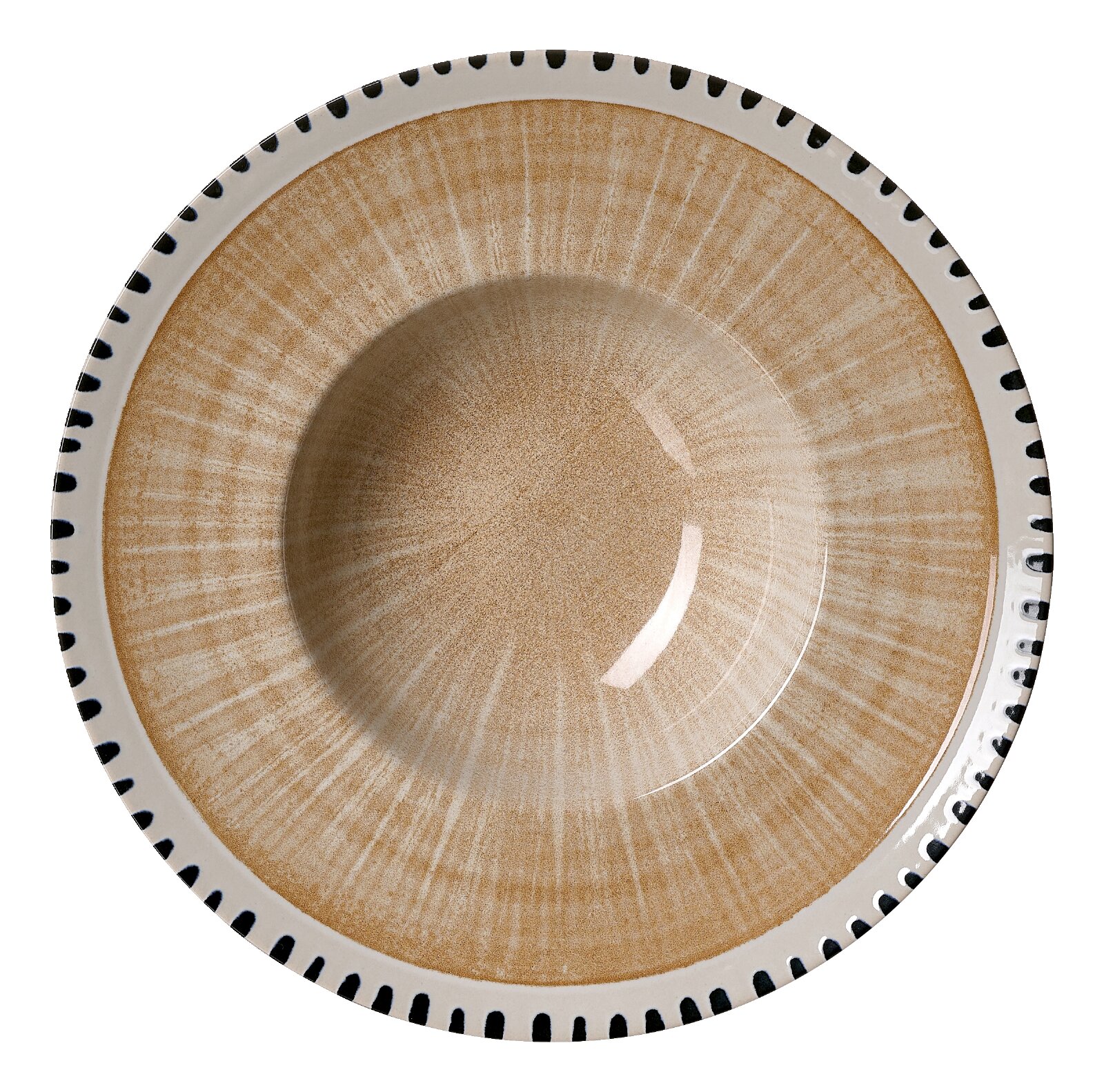 Ritzenhoff & Breker Gourmetbord NATURA Ronde beige keramische kom met fijn gespikkeld glazuur, lichte radiale lijnen en een crèmekleurige rand met zwarte accenten, van bovenaf gezien