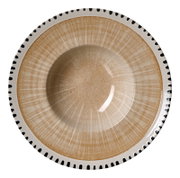Ronde beige keramische kom met fijn gespikkeld glazuur, lichte radiale lijnen en een crèmekleurige rand met zwarte accenten, van bovenaf gezien