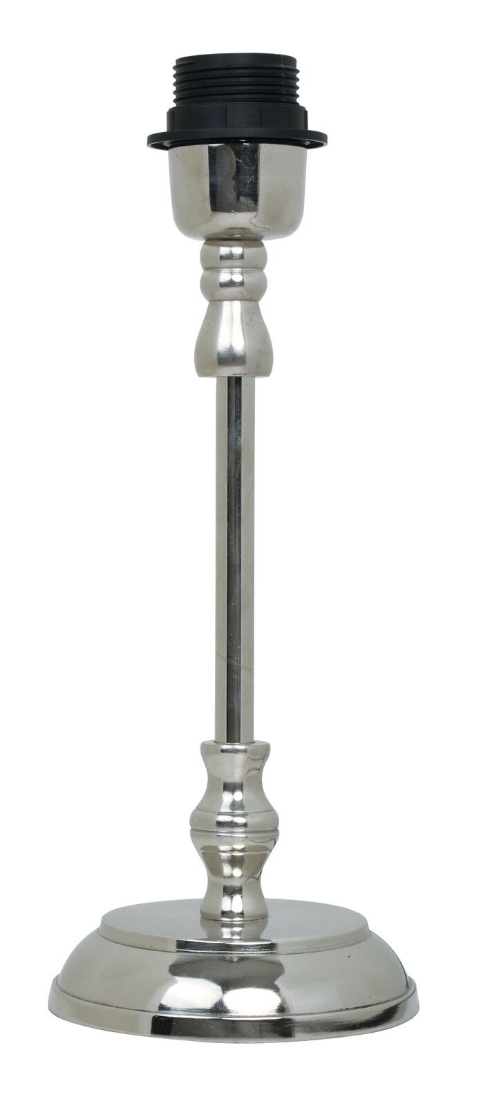 Silberner, runder Lampenfuß aus Metall mit dekorativen Details, frontal abgebildet.