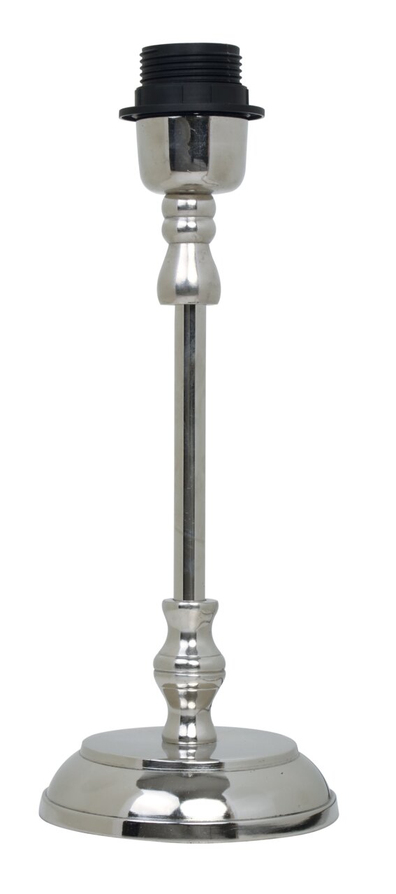 Silberner, runder Lampenfuß aus Metall mit dekorativen Details, frontal abgebildet.