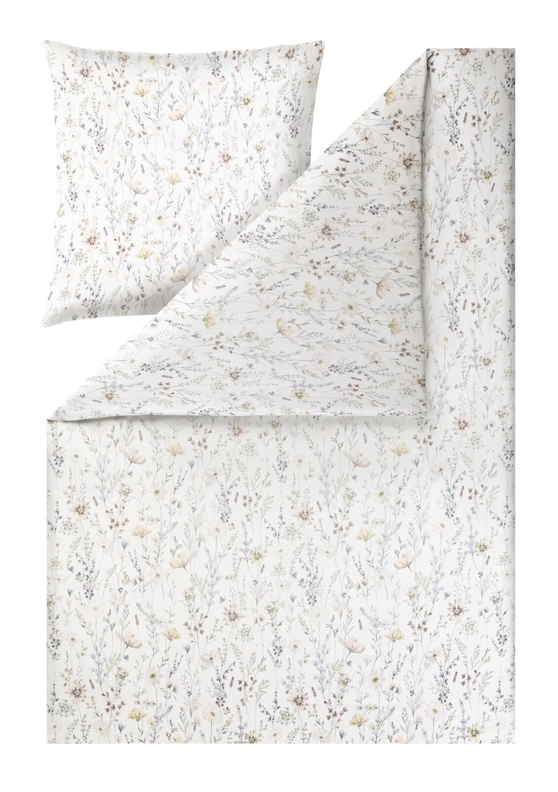 Estella Mako-Satin Bettwäsche 135/200cm CELESTE Bettwäsche-Set mit zartem Blumenwiesen-Print in Pastelltönen auf weißem Grund, inklusive Kissenbezug; Produktansicht von vorne in leicht schräger Draufsicht mit umgeschlagener Decke.
