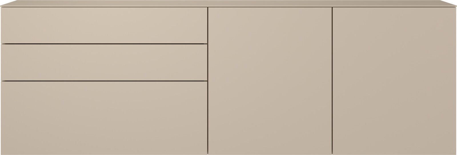 Beiges Sideboard/Kommode mit drei Schubladen links und zwei Türen rechts, Frontansicht