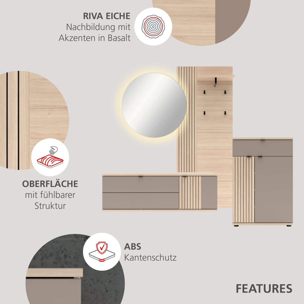 Frontansicht eines modernen Garderoben-Sets in Riva Eiche Nachbildung mit basaltfarbenen Akzenten, bestehend aus Spiegel, Wandpaneel mit Haken, Kommode und Schuhschrank; Oberfläche mit fühlbarer Struktur und ABS-Kantenschutz.