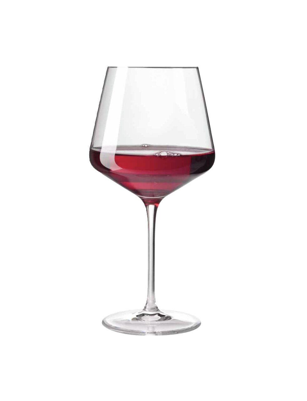 Burgunderglas Puccini 730ml, gefüllt mit Rotwein, seitliche Ansicht