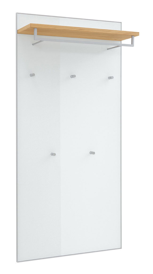 VOSS XL-Garderobenpaneel VORTINA Frontale Ansicht eines XL-Garderobenpaneels mit Holzablage und mehreren Haken auf einer weißen Oberfläche.