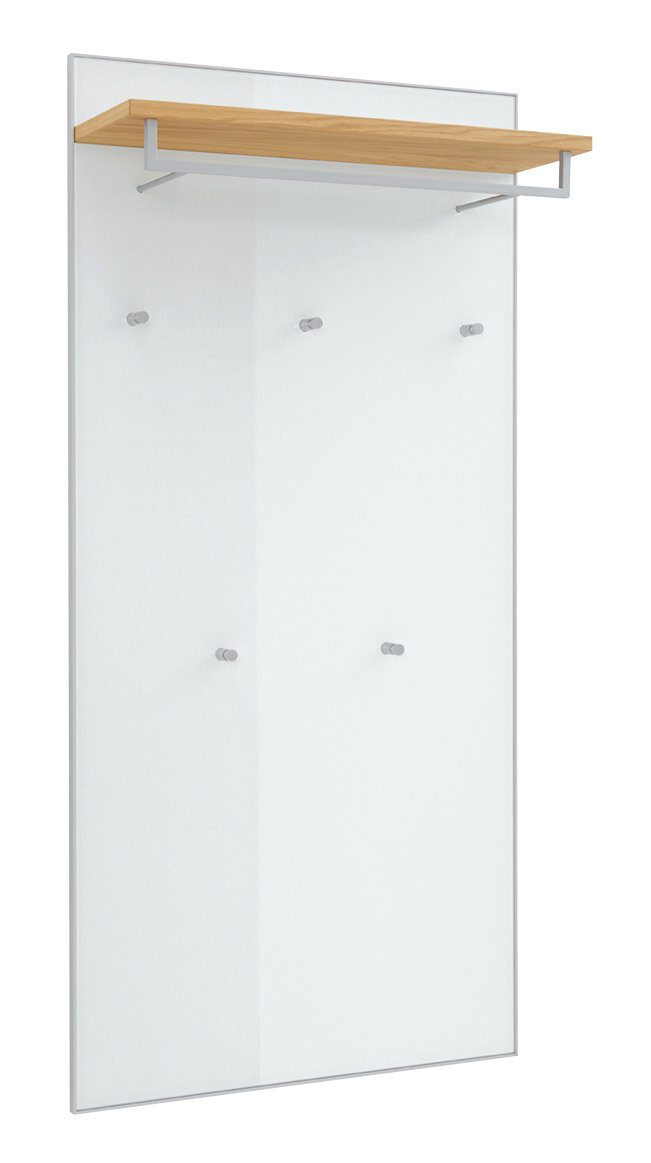 VOSS XL-Garderobenpaneel VORTINA Frontale Ansicht eines XL-Garderobenpaneels mit Holzablage und mehreren Haken auf einer weißen Oberfläche.