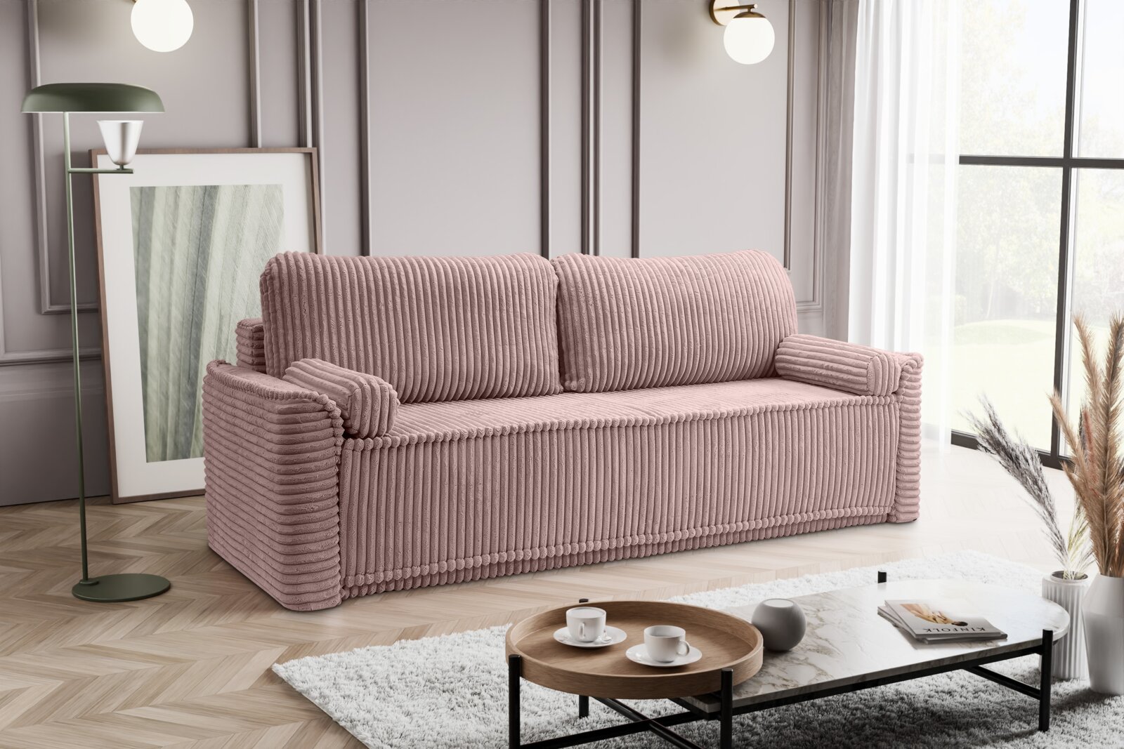 Rosa Schlafsofa 3-Sitzer in einem modernen Wohnzimmer, seitliche Perspektive