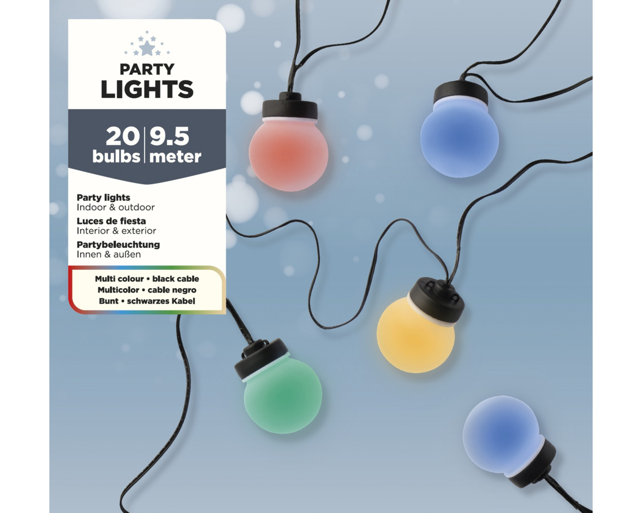 Bunte Partylichterkette mit schwarzen Kabeln, bestehend aus roten, blauen, gelben und grünen Glühbirnen, aus der Vogelperspektive.