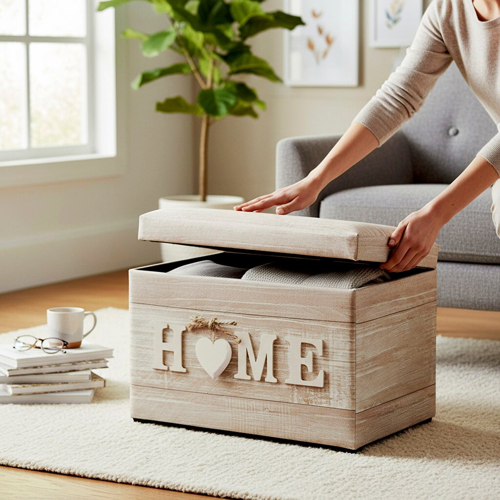 Hellholzfarbene Aufbewahrungsbox/Sitztruhe mit Schriftzug „HOME“ wird in einem Wohnzimmer von schräg vorn oben geöffnet, Decke im Inneren sichtbar.