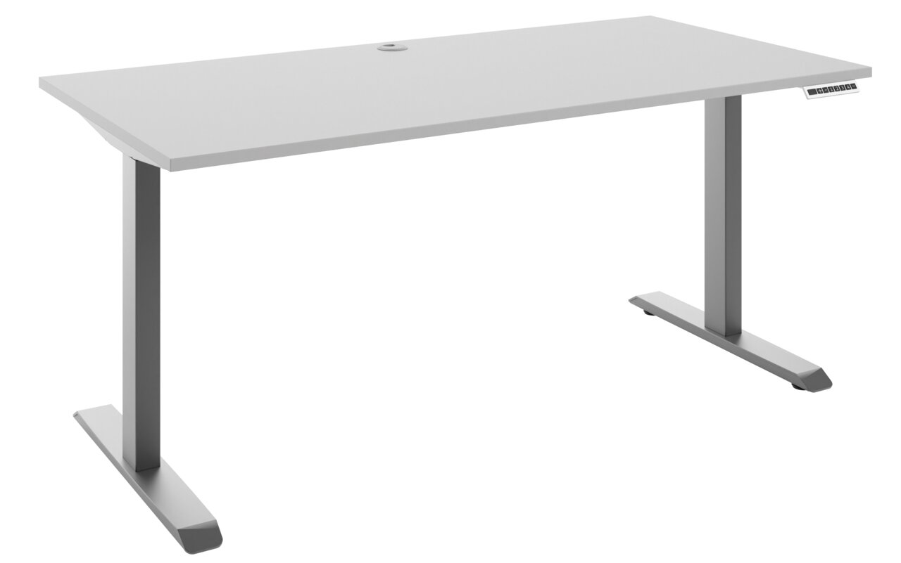 Moderner E-Schreibtisch 160 mit grauer Tischplatte und silbernen T-Füßen, seitliche Perspektive